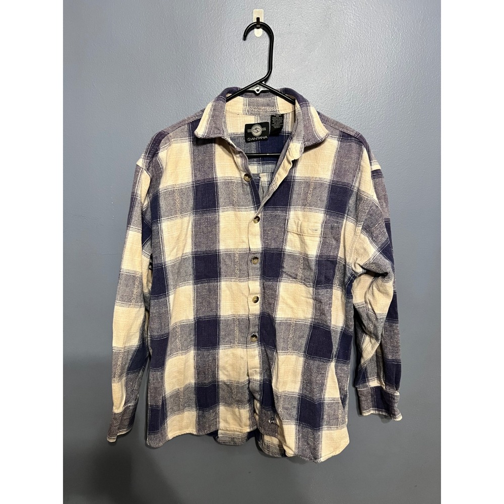 Vintage Men's Santana Flannel Button Up‎ Blue + White SZ XL Grunge 90s Shacket